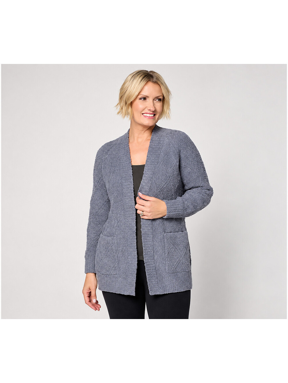 Barefoot Dreams CozyChic Diamond Cable Cardigan Shadow Blue, X-Large